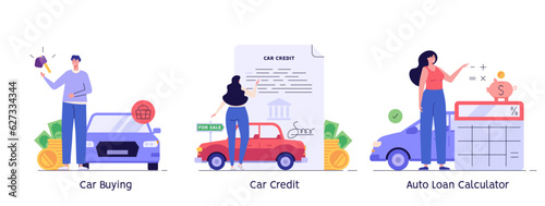 People purchase car on credit. Happy client buying new or use automobile. Car credit. Collection of auto loan calculator, car buying. Vector illustration set in flat design for web banners, UI