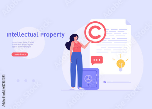 Copyright vector illustration. Concept of intellectual property, copyright, authorship rights. Woman protecting data license. Vector illustration in flat cartoon design for web banner, UI