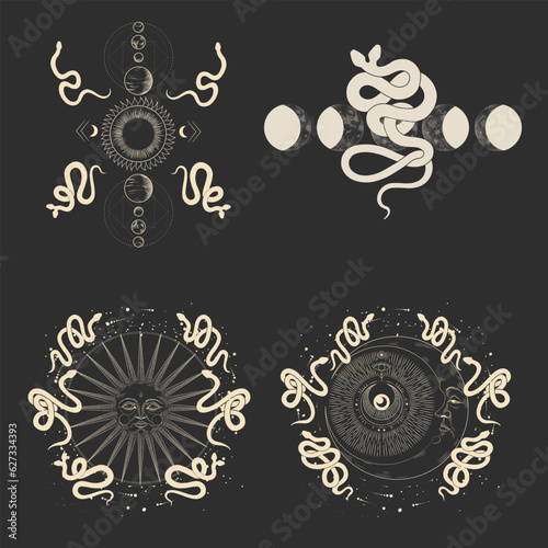 magical forest elements. images of a snake, night moth, fly agaric mushrooms, plant and space elements. Ideal for printing on fabric or clothing, wallpaper and wrapping paper