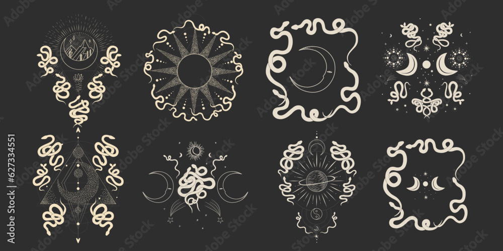 magical forest elements. images of a snake, night moth, fly agaric mushrooms, plant and space elements. Ideal for printing on fabric or clothing, wallpaper and wrapping paper magical forest elements. images of a snake, night moth, fly agaric mushrooms, plant and space elements. Ideal for printing on fabric or clothing, wallpaper and wrapping paper