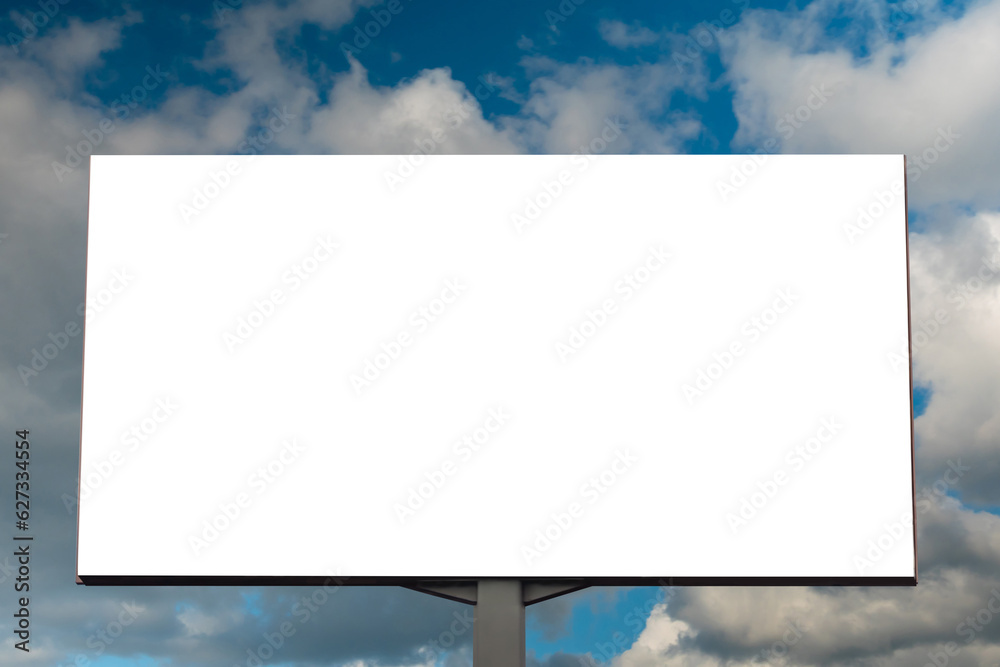 Front view: blank white billboard or large display against blue sky with white clouds - mock up. Consumerism, advertising, white screen, template, copy space and mockup concept Front view: blank white billboard or large display against blue sky with white clouds - mock up. Consumerism, advertising, white screen, template, copy space and mockup concept