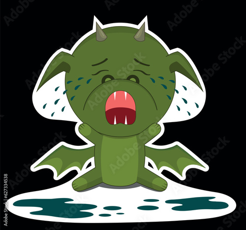 Vector illustration sticker emission. Green dragon sticker. An upset dragon