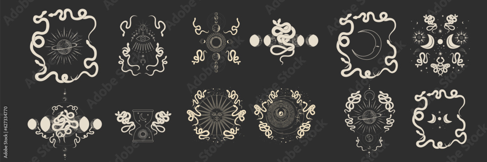 magical forest elements. images of a snake, night moth, fly agaric mushrooms, plant and space elements. Ideal for printing on fabric or clothing, wallpaper and wrapping paper magical forest elements. images of a snake, night moth, fly agaric mushrooms, plant and space elements. Ideal for printing on fabric or clothing, wallpaper and wrapping paper