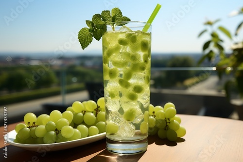 Fresh drink with greengrape and mint, cold summer greengrape ade, healthy mocktail. Sunny day shadows on blue sky background with copy space. created generative ai. photo