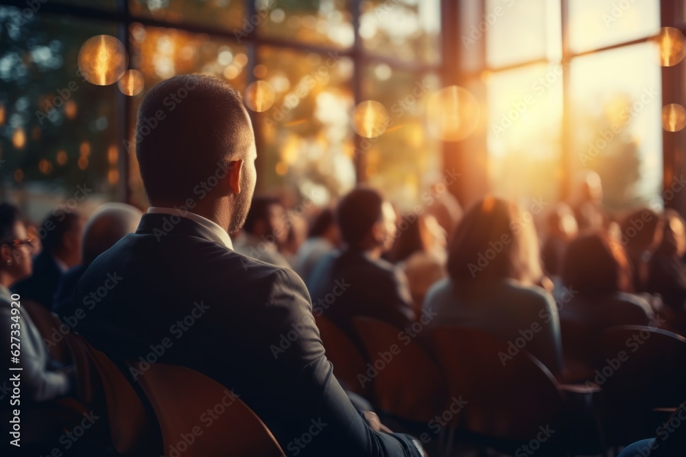 Blurred business conference background. Lots of people in business suits. Sun glare. Blur, banner. AI generation