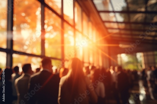 Blurred business conference background. Lots of people in business suits. Sun glare. Blur, banner. AI generation