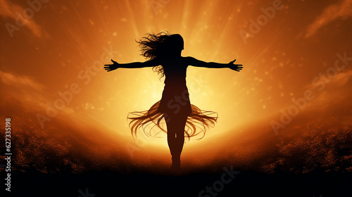 mulher pulando livre envolto em aura dourada de prosperidade e amor