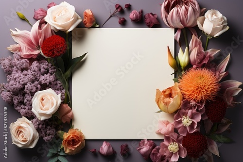 beautiful and colourful flowers bouquet. blank paper greeting card mockup