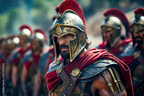Spartan army. Spartans dressed in armor march in formation.  © Katynn