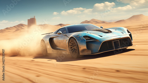 carro esportivo gtr em alta velocidade no deserto de areia © Alexandre