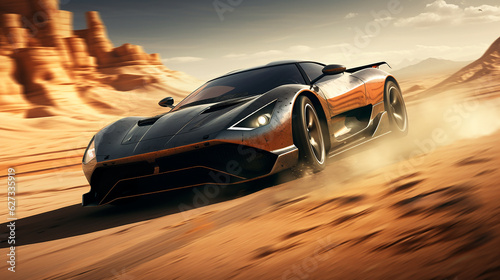 carro esportivo gtr em alta velocidade no deserto de areia