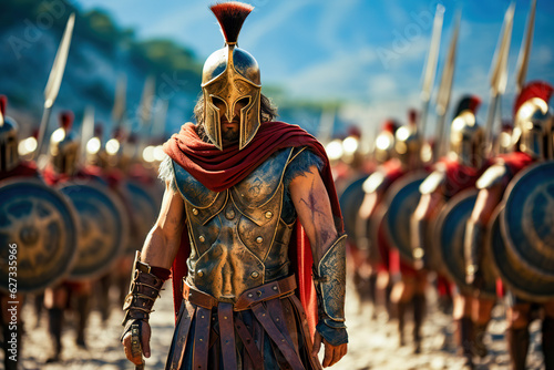 Foto Spartan army. Spartans dressed in armor march in formation.