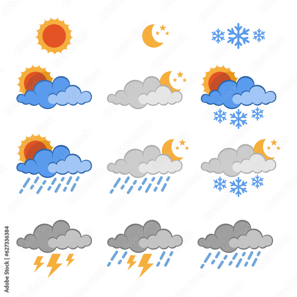 Collection of illustrations of weather seasons such as sunny, rainy, overcast, clear night, thunder, rainstorm, snow Collection of illustrations of weather seasons such as sunny, rainy, overcast, clear night, thunder, rainstorm, snow