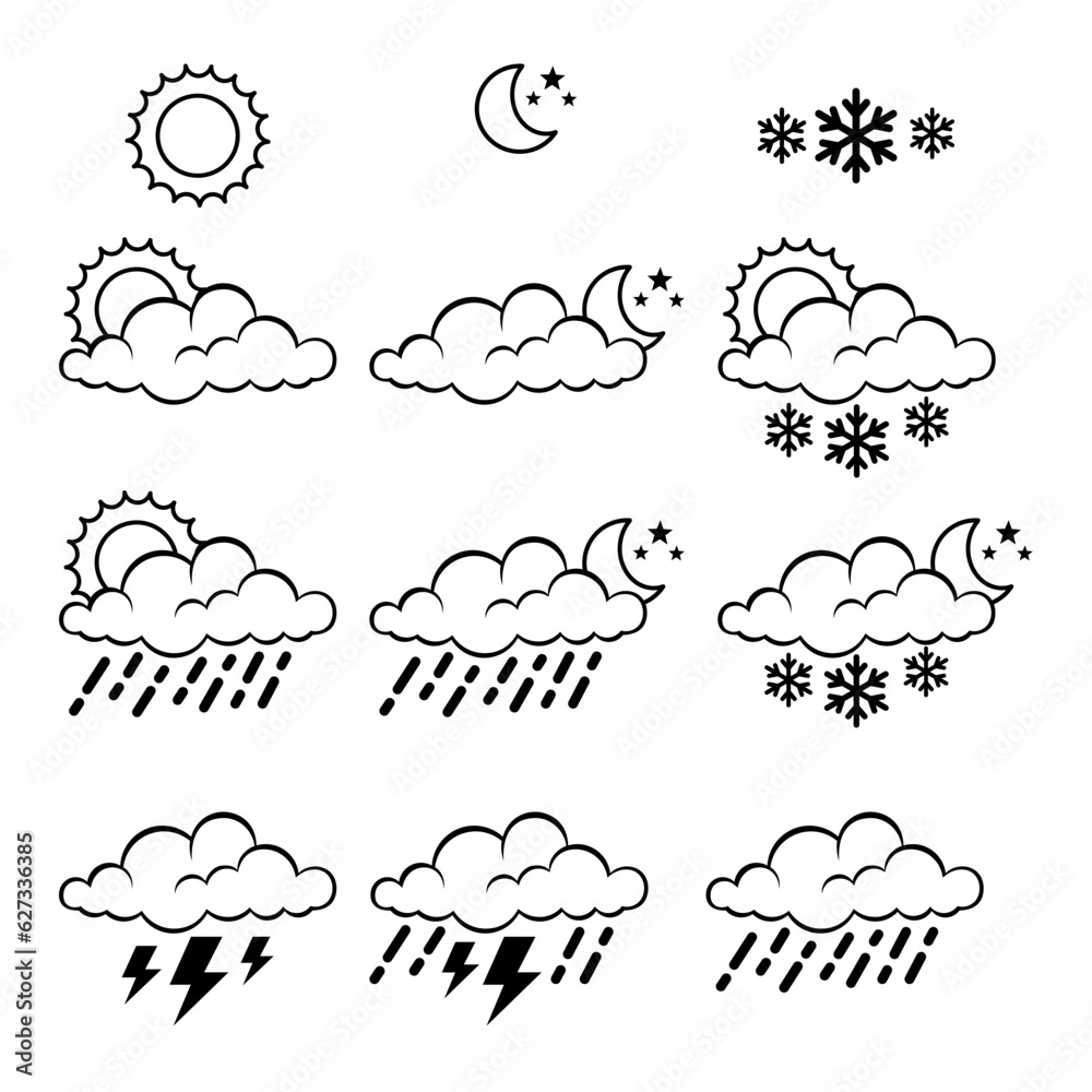 line art version of the illustration set of weather seasons such as sunny, rainy, overcast, clear night, thunder, rainstorm, snow line art version of the illustration set of weather seasons such as sunny, rainy, overcast, clear night, thunder, rainstorm, snow