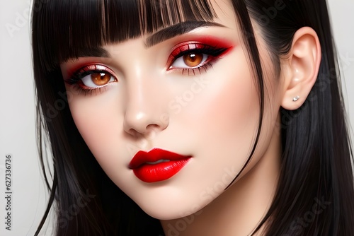 Close up of glamorous woman. Young makeup model. Cosmetics beauty. Beautiful girl. AI generative image