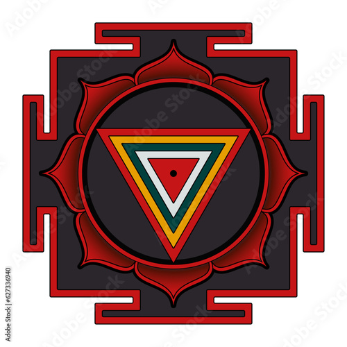 Kali Yantra, colored Hindu diagram of primordial energy. Goddess Kali appears in her yantra in the central dot bindu, as conscious source or womb of the world, and as energy aspect of material nature.
