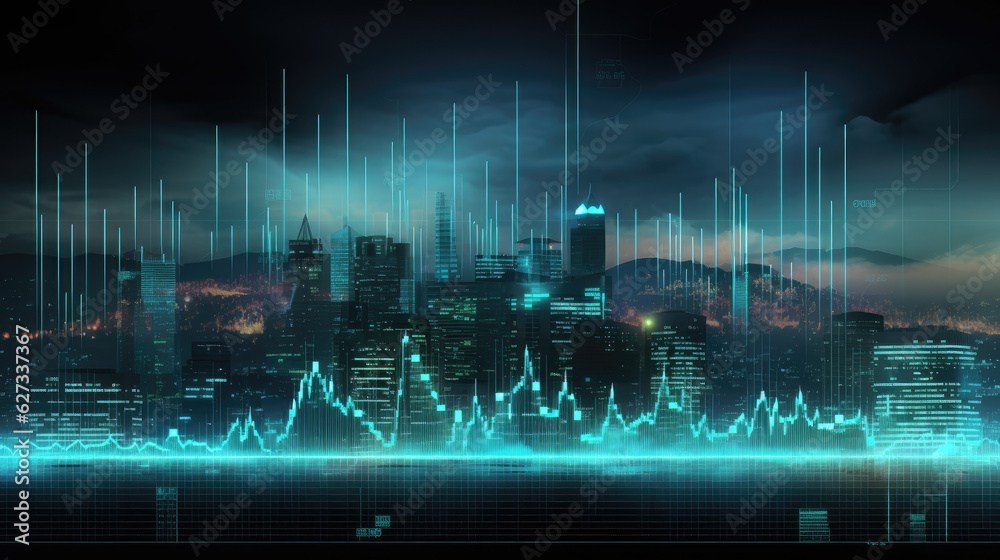 Digital Skyline with Skyscrapers, Illustrated Art Wallpaper for Business and Stock - Generative Ai