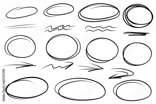 Highlight felt oval frames, arrows, hand drawn lines. Handdrawn marker underlines scribble doodle circle set. Ovals and ellipses line template. Stock vector illustration isolated on white background.