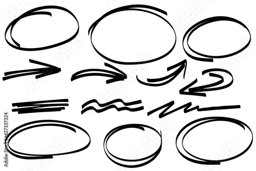 Highlight oval frames, arrows, hand drawn felt lines. Handdrawn marker underlines scribble doodle circle set. Ovals and ellipses line template. Stock vector illustration isolated on white background.