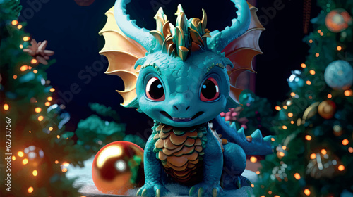 Chinese New Year of the Dragon 2024. New Year's poster with a cartoon 3d dragon on the background of a Christmas tree. Vector illustration of a dragon at the Christmas tree with toys.