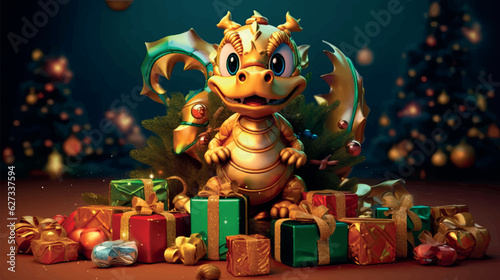 Chinese New Year of the Dragon 2024. New Year's poster with a cartoon 3d dragon on the background of a Christmas tree. Vector illustration of a dragon at the Christmas tree with toys. © Nataly G