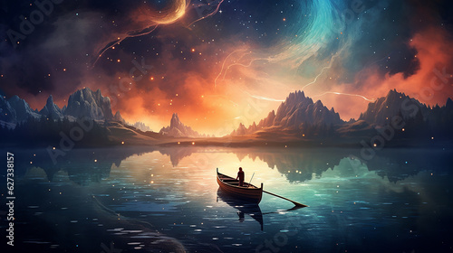 O céu está na água, e o barco de brinquedo na água está cheio de sonhos claros para pressionar a galáxia photo