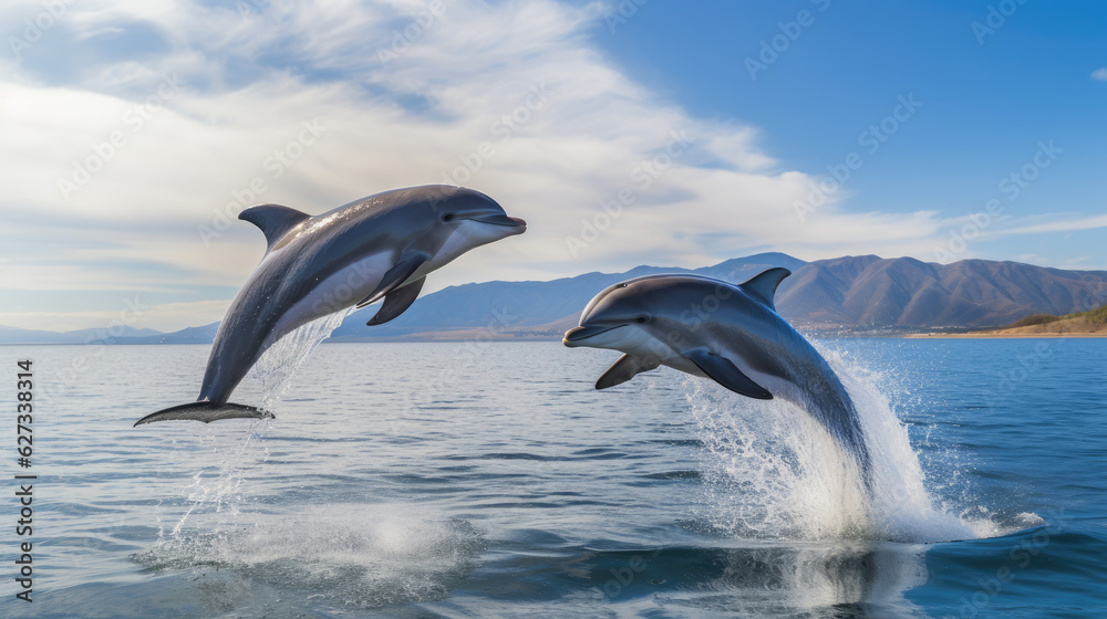 Obraz premium Dolphin Jumping From Open Water in Sea Under Blue Cloudy Sky With Bright Sun