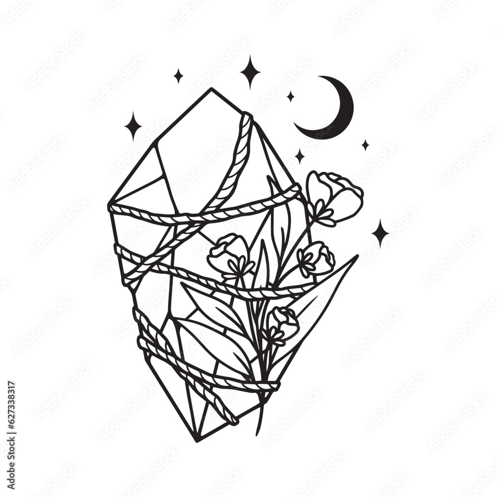 Magical crystal with flowers, moon and stars. Vector art Magical crystal with flowers, moon and stars. Vector art
