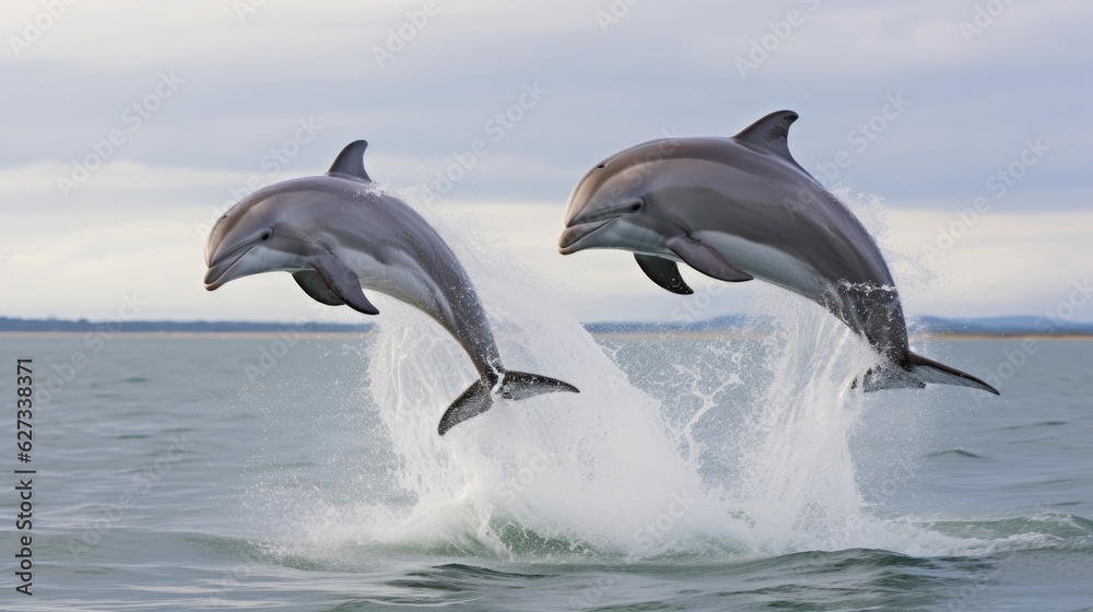Fototapeta premium Dolphin Jumping From Open Water in Sea Under Blue Cloudy Sky With Bright Sun