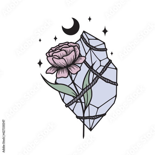 Magical crystal with flowers, moon and stars. Vector art