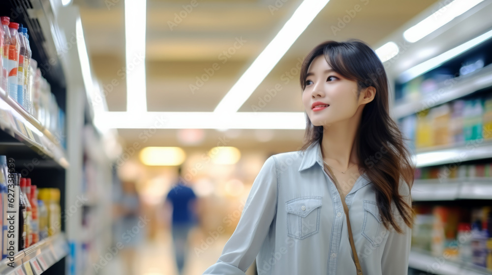 Asian Chinese woman shopping by the shelves of the grocery store