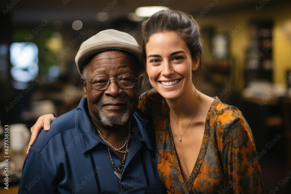 Caregiver woman sitting beside a contented elderly black man Caregiver woman sitting beside a contented elderly black man
