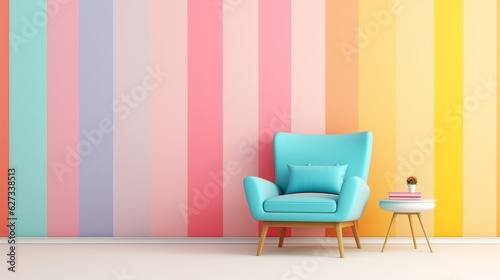 Pastel multi colour vibrant groovy retro striped background wall frame with bright armchair decor. Mock up template for product presentation. © Keitma