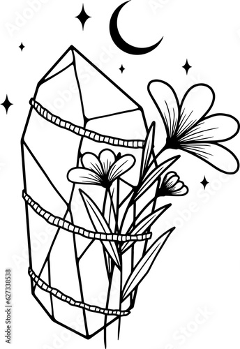 Magical crystal with flowers, moon and stars. Vector art