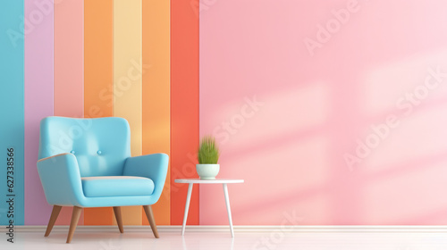 Pastel multi colour vibrant groovy retro striped background wall frame with bright armchair decor. Mock up template for product presentation.
