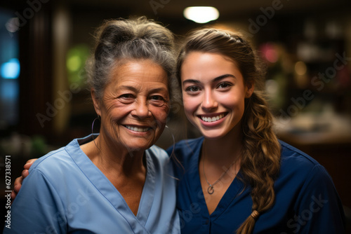 Caregiver woman sitting beside a contented elderly woman
