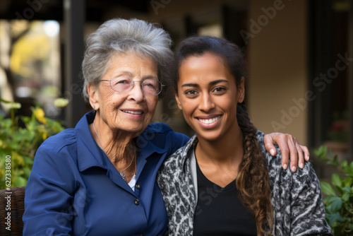 Caregiver woman sitting beside a contented elderly woman