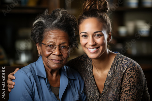 Caregiver woman sitting beside a contented elderly black woman