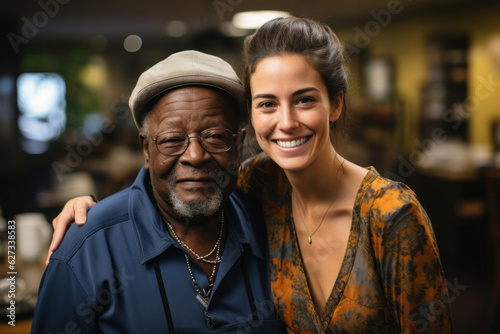 Caregiver woman sitting beside a contented elderly black man