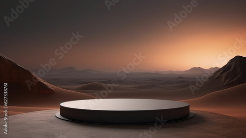 Minimal podium in a desert, dark environment, gradient sky, for product presentation with copy space