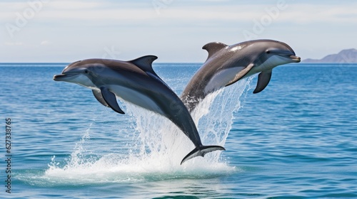 Dolphin Jumping From Open Water in Sea Under Blue Cloudy Sky With Bright Sun © Valery Zayats