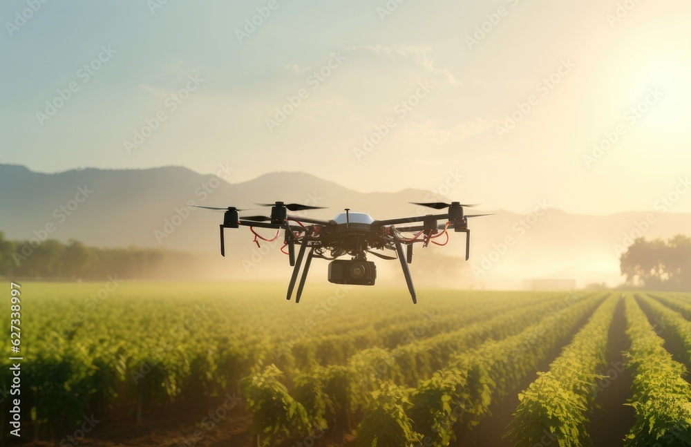 Smart farm drone flying spray Modern technologies in agriculture. industrial drone flies over green field and sprays useful pesticides to increase productivity destroys harmful insects. 