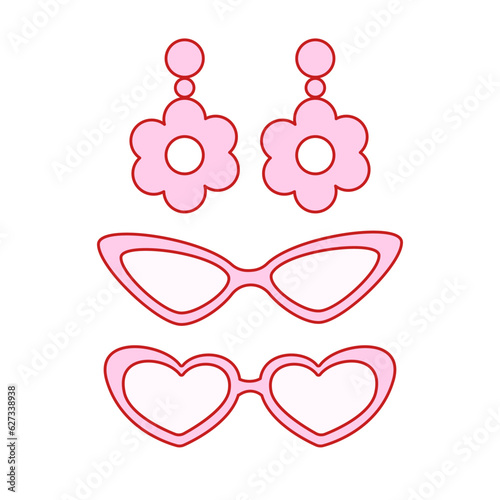 Glamorous trendy pink earrings and glasses stickers. Nostalgic barbiecore 2000s style