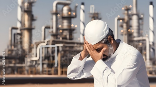An elderly Arab man wearing a keffiyeh against the background of an oil refinery with a sad expression on his face © Alex Bur