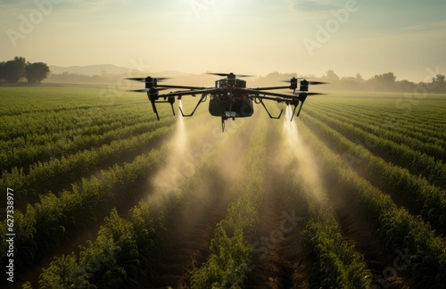 Smart farm drone flying spray Modern technologies in agriculture. industrial drone flies over green field and sprays useful pesticides to increase productivity destroys harmful insects. 