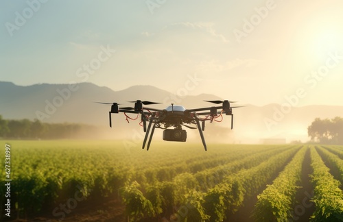Smart farm drone flying spray Modern technologies in agriculture. industrial drone flies over green field and sprays useful pesticides to increase productivity destroys harmful insects.  © ND STOCK