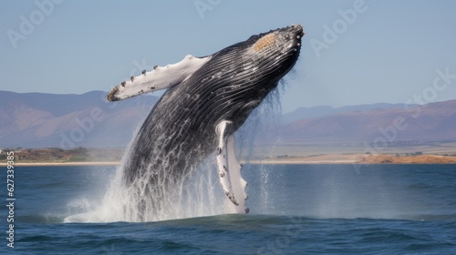 Whale Jumping From Open Water in Sea Under Blue Cloudy Sky With Bright Sun © Valery Zayats