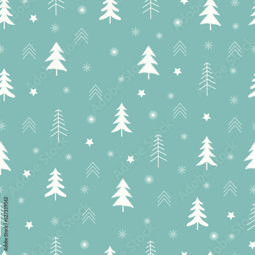 Christmas seamless pattern. Xmas trees, snowflakes, stars whimsical arrangements. Holly jolly Christmassy texture background