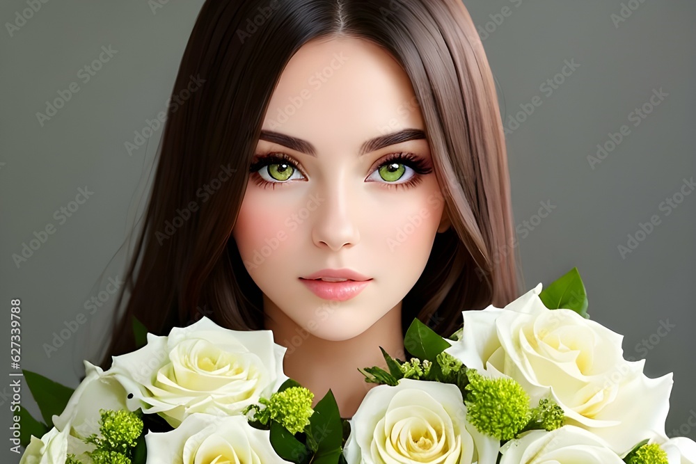 Close up of beautiful woman with bouquet of flowers ai generative art Close up of beautiful woman with bouquet of flowers ai generative art