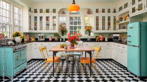 Vintage inspired kitchen with retro appliances, subway tile backsplash, colorful mosaic flooring, and retro decor pieces photo